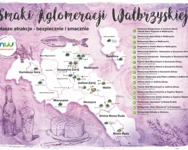 Mapa atrakcji i restauracji w aglomeracji wałbrzyskiej z ilustracjami piwa i sera.