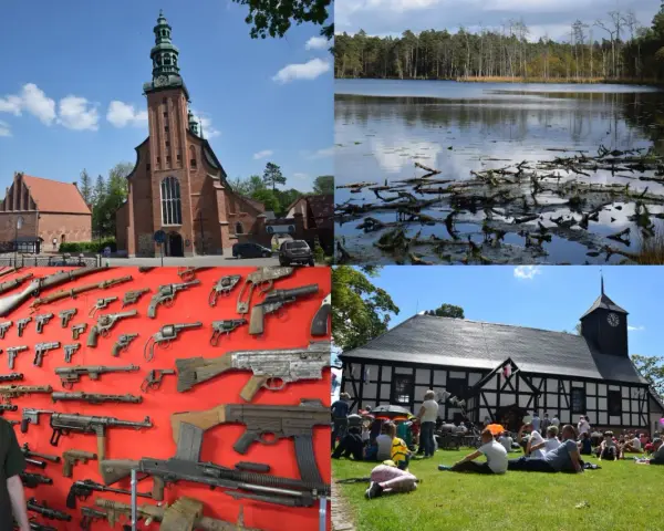Kaszubskie atrakcje: kościół, jezioro, broń i ludzie na trawie.