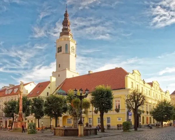 Rynek w Świdnicy z ratuszem, fontanną i zabytkowymi kamienicami.