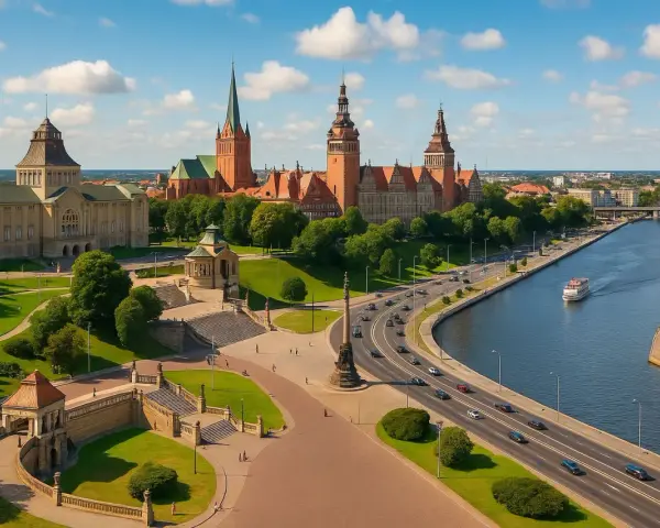 Widok na Szczecin z rzeką, budynkami i drogą z ruchem samochodowym.