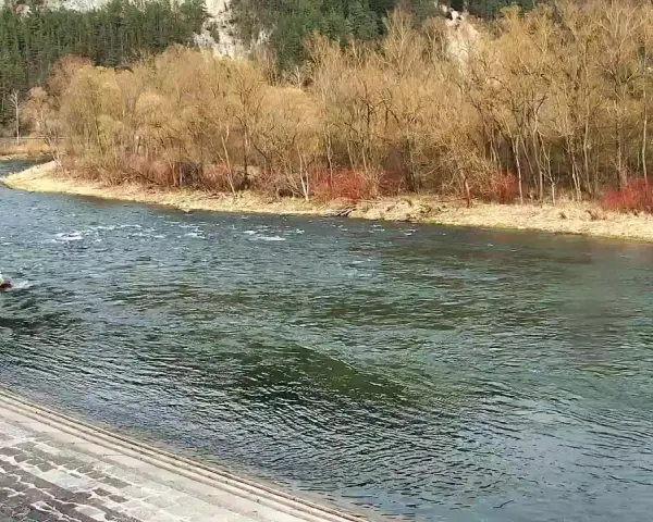 Rzeka Dunajec w Krościenku, zalesione zbocza i kamienne schody.