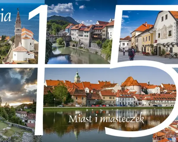 Kolaż zdjęć przedstawiający malownicze miasta Słowenii, w tym Piran i inne perełki architektoniczne.