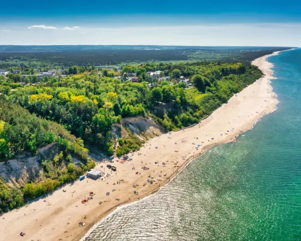 Widok z lotu ptaka na plażę w Jastrzębiej Górze z klifem i lasem.