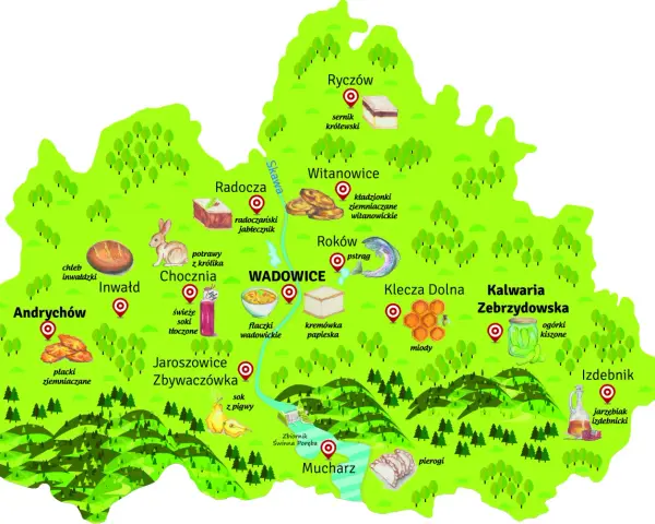 Ilustrowana mapa Wadowic i okolic z zaznaczonymi lokalnymi przysmakami i nazwami miejscowości.
