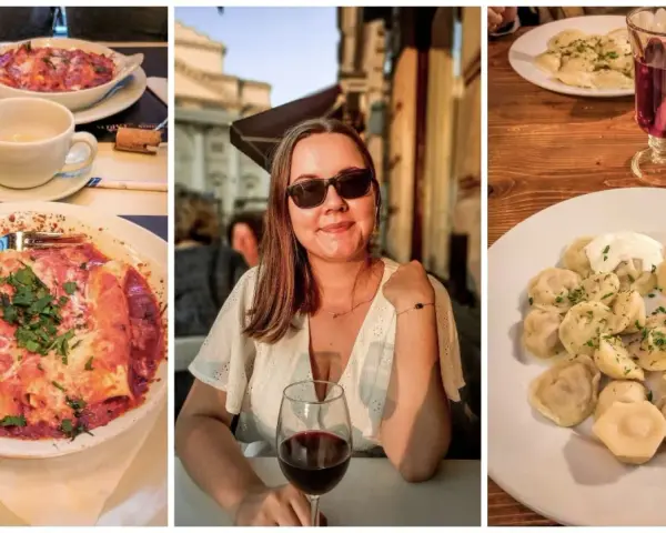 Trzy zdjęcia: dania z makaronem, kobieta z winem i pierogi.