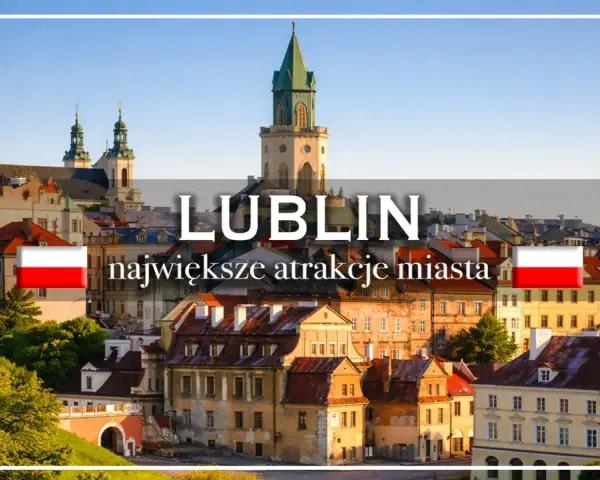 Widok na Lublin z charakterystyczną wieżą ratuszową i polską flagą.