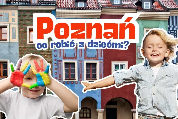 Dzieci z kolorowymi dłońmi i uśmiechnięty chłopiec na tle kolorowych kamienic w Poznaniu.