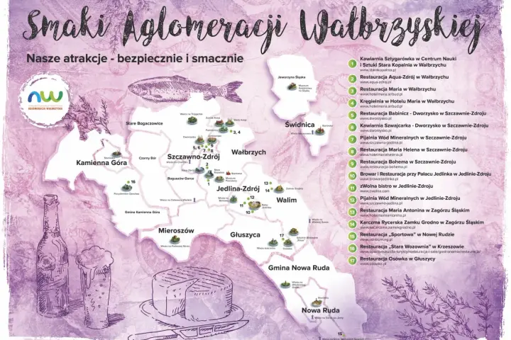 Mapa atrakcji i restauracji w aglomeracji wałbrzyskiej z ilustracjami piwa i sera.