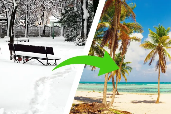 Podziałka: zimowy park ze śniegiem i ławką po lewej, tropikalna plaża z palmami po prawej. Zielona strzałka.