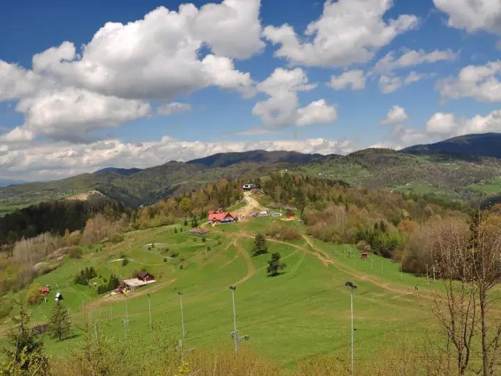 Widok na Palenicę Szczawnica z budynkami, trasami i górami w tle.