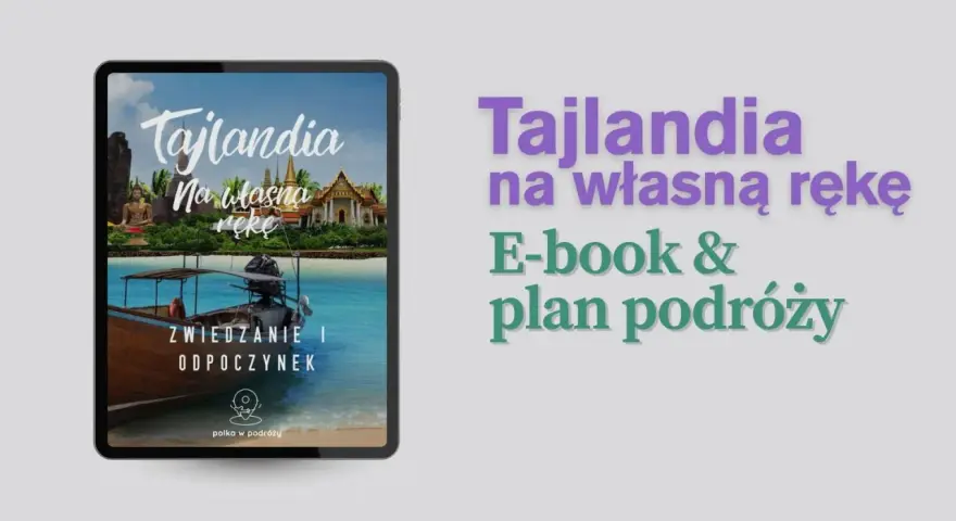 Tablet z widokiem na Tajlandię: plaża, łódź, świątynia i posąg Buddy.