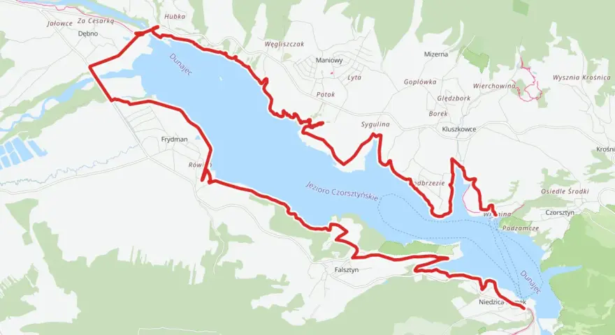 Mapa Jeziora Czorsztyńskiego z zaznaczoną trasą Velo Czorsztyn i drogami.