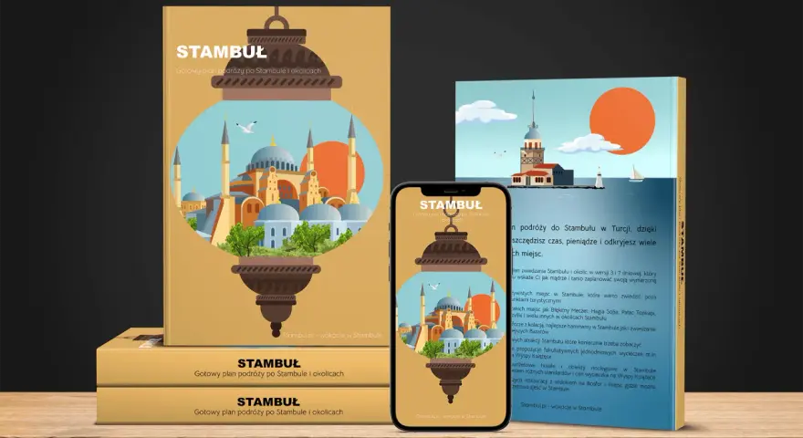 Ilustracja z latarnią, meczetami i Wieżą Nami w Stambule, na tle książki i telefonu.