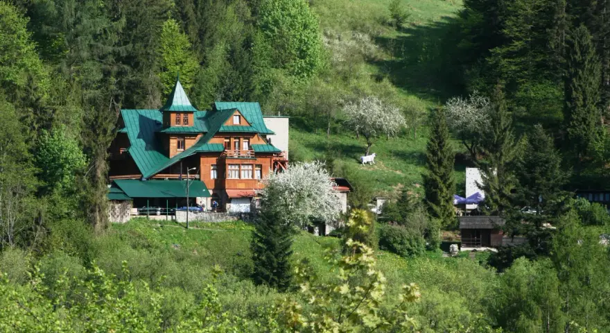 Drewniany schronisko PTTK z zielonym dachem otoczone lasem i zielonymi wzgórzami.
