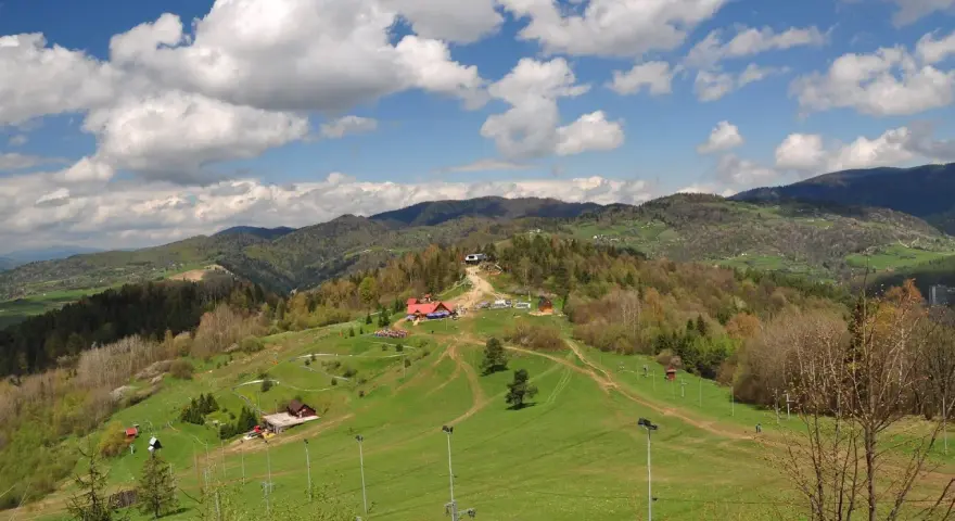 Widok na Palenicę Szczawnica z budynkami, trasami i górami w tle.