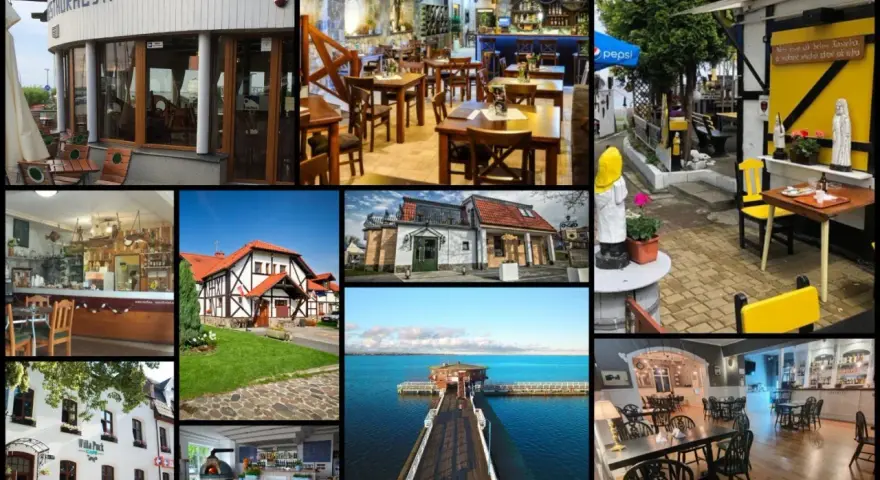 Kolaż zdjęć restauracji i widoków nad Zatoką Pucką.