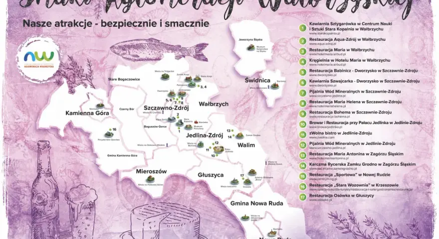 Mapa atrakcji i restauracji w aglomeracji wałbrzyskiej z ilustracjami piwa i sera.