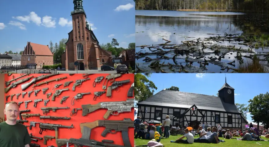 Kaszubskie atrakcje: kościół, jezioro, broń i ludzie na trawie.