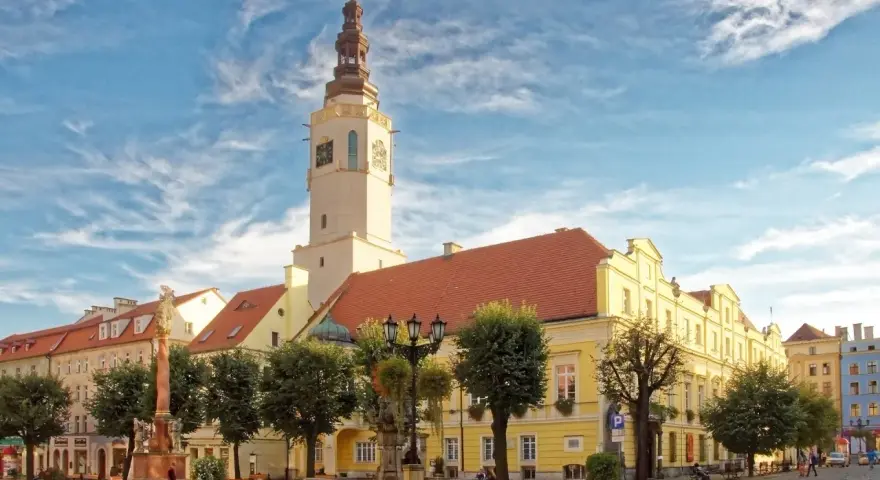 Rynek w Świdnicy z ratuszem, fontanną i zabytkowymi kamienicami.