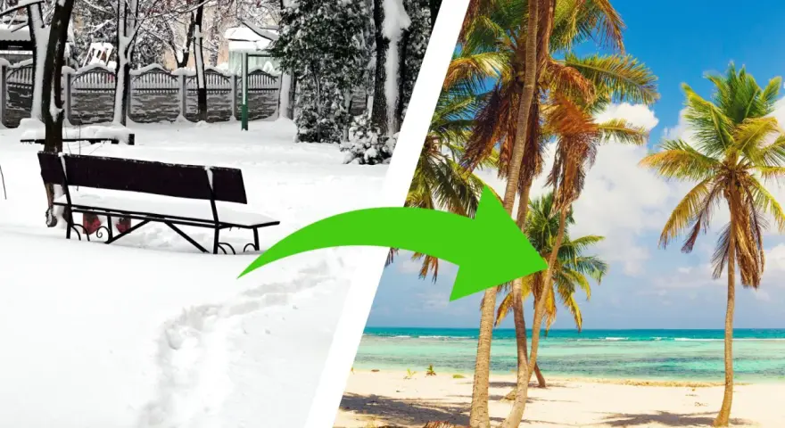 Podziałka: zimowy park ze śniegiem i ławką po lewej, tropikalna plaża z palmami po prawej. Zielona strzałka.