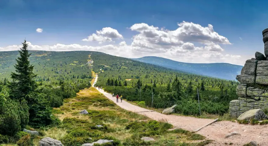 Kamieniste formacje skalne i szlak turystyczny w Karkonoszach.