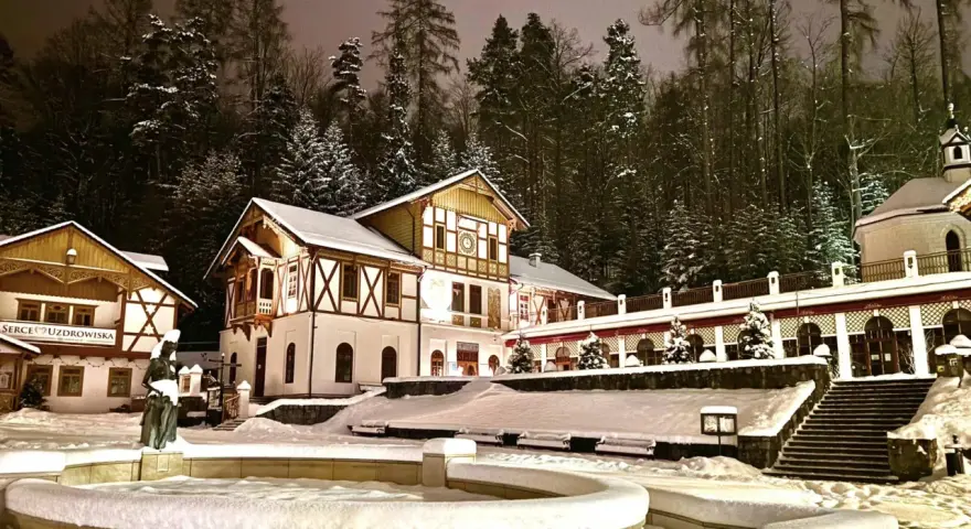 Architektura Szczawnicy nocą, ośnieżone budynki i drzewa, fontanna.
