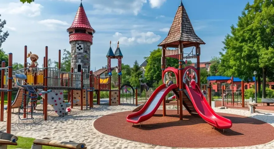 Plac zabaw z zamkami, zjeżdżalniami i piaskownicą w słoneczny dzień.