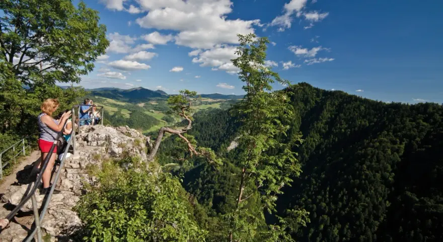 Widok z góry na turystów na skale, las i góry w tle.