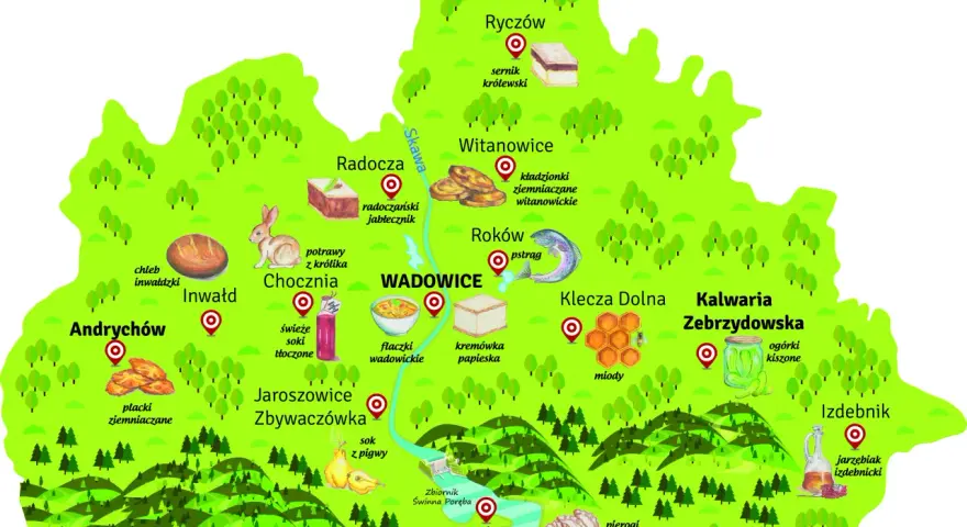 Ilustrowana mapa Wadowic i okolic z zaznaczonymi lokalnymi przysmakami i nazwami miejscowości.