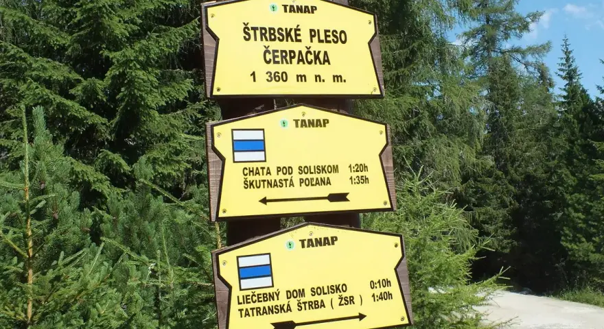 Żółte tabliczki z nazwami szlaków turystycznych w Tatrach i wskazaniami kierunku.
