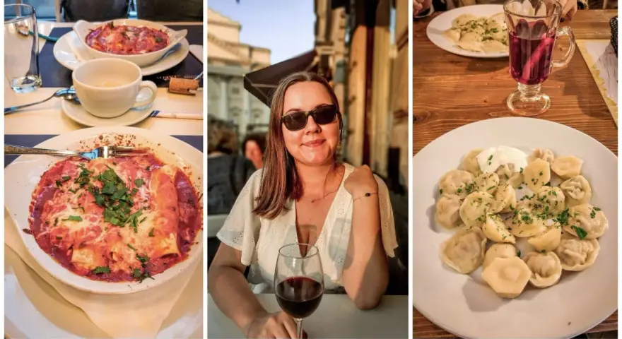 Trzy zdjęcia: dania z makaronem, kobieta z winem i pierogi.
