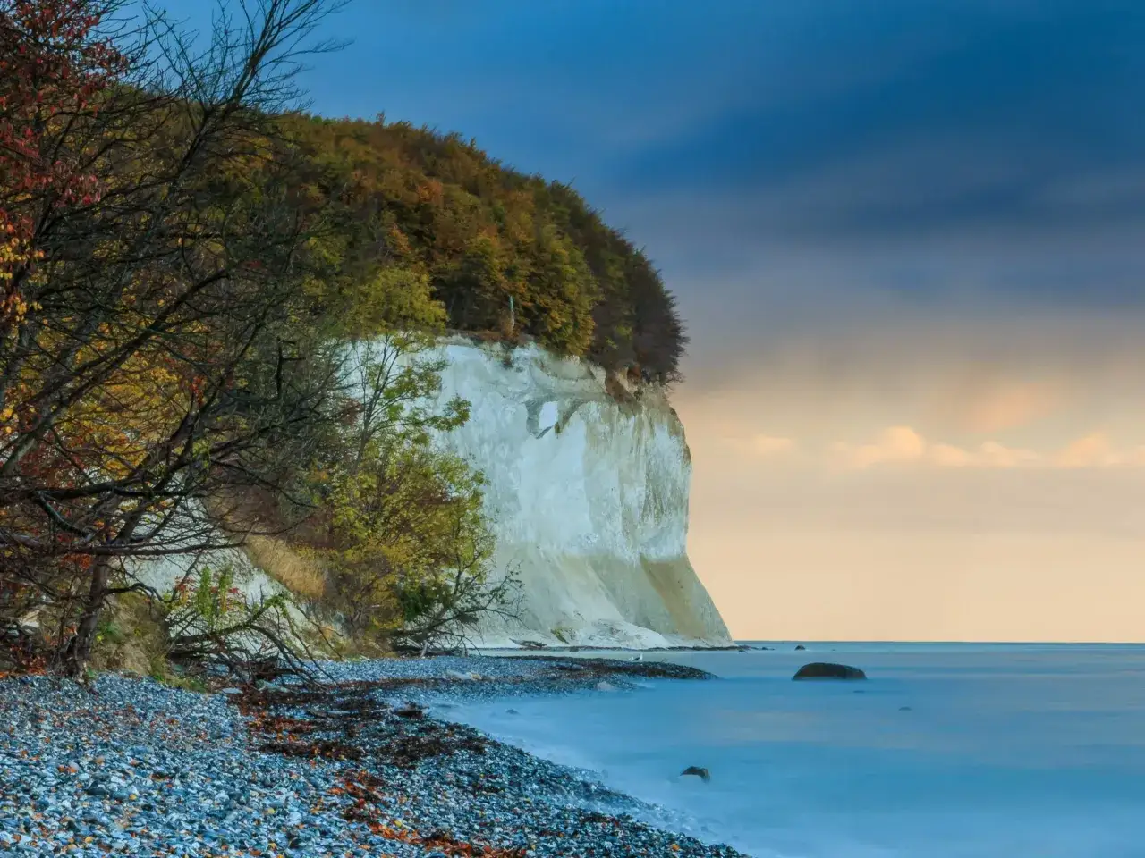Jesienne liście na drzewach nad białym klifem, kamienista plaża i spokojne morze. Idealne, fajne miejsce nad morzem dla dwojga na romantyczny spacer.
